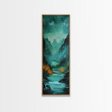 Dark Moody Landscape, Mountain Painting, Forest at Dusk Painting, Framed Canvas Print, Rustic Wall Art, Vertical Wall Art
