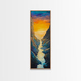 Sunset River, mountain painting, vertical wall art, nature art, framed canvas print, above sofa art, extra wide art, rustic decor