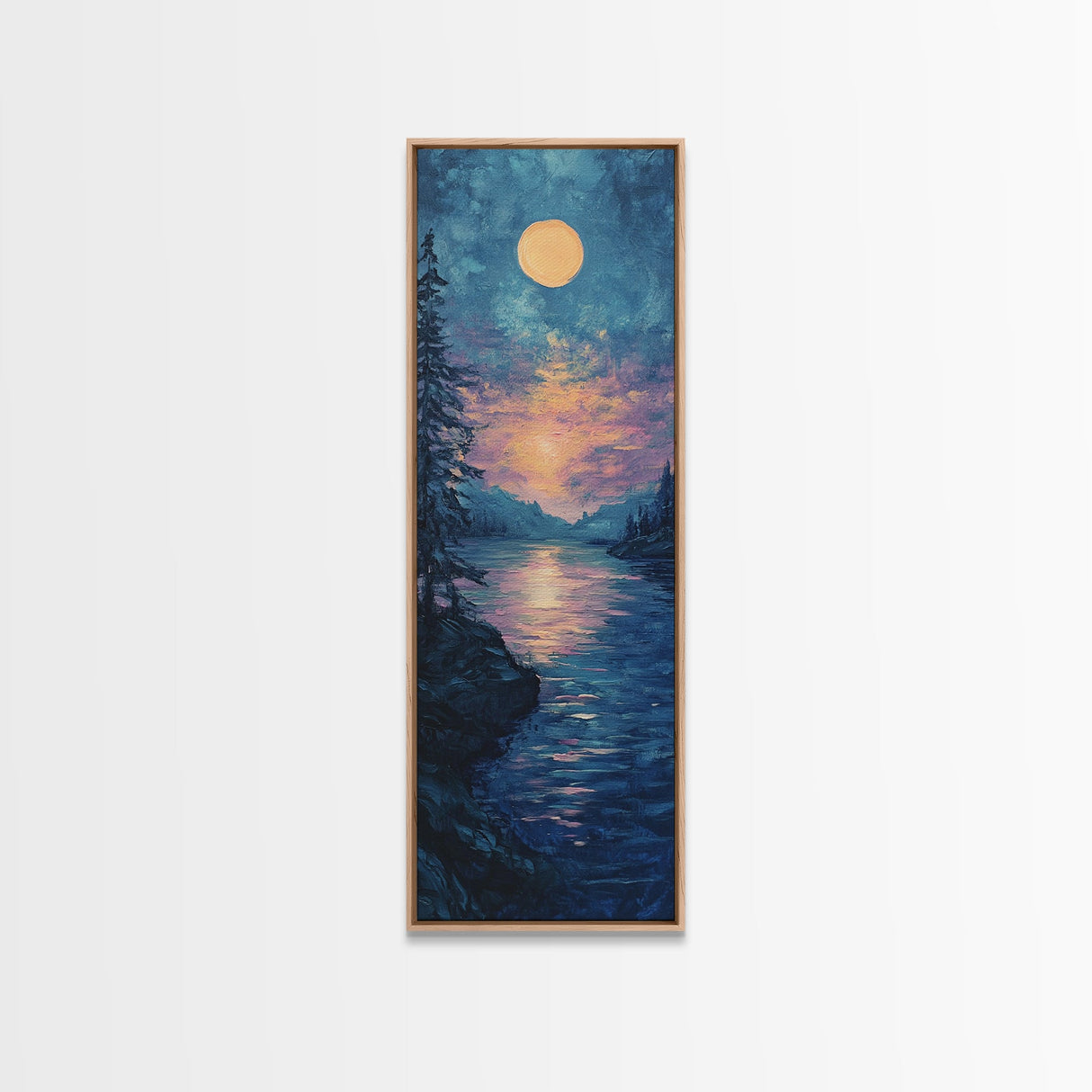 Moonlit Lake, moon oil painting, framed canvas print, landscape painting, lake Tahoe art, moody art, tall narrow art, rustic wall art