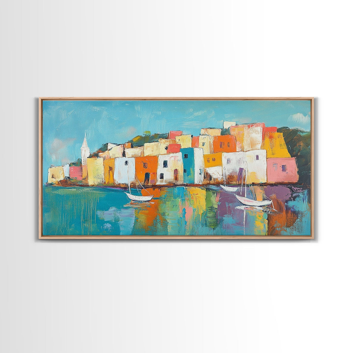Mediterranean Village, coastal painting, Italy art, colorful homes, seascape painting, extra wide art, Canvas Print, panoramic art