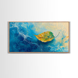 Leaf in Water, blue and green wall art, coastal decor, wabi sabi art, extra wide art, panoramic painting, Canvas Print, gift idea