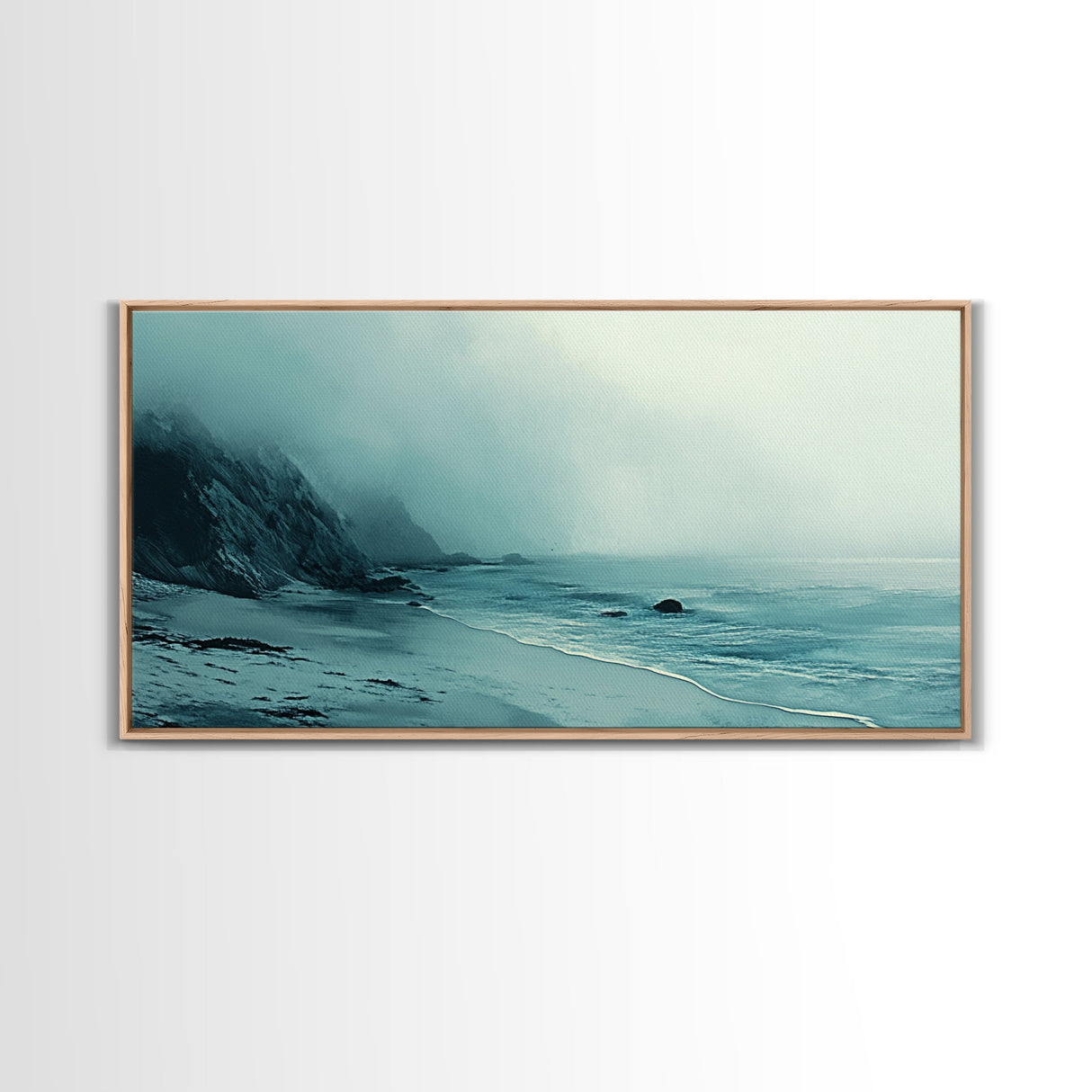 Foggy Beach, coastal decor, nautical painting, moody art, extra wide art, horizontal wall art, Canvas Print, bedroom art