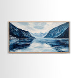 Blue and White Fjord, Lake Tahoe Art, Coastal Landscape Art, Extra Wide Art, Framed Canvas Print, Minimalist Art, Nautical Decor