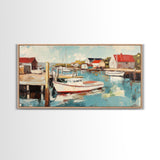 Harbor Boats, Nantucket painting, coastal painting, nautical wall art, fisherman painting, framed canvas print, extra wide art
