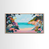 Tropical Beach, coastal wall art, Hawaii art, pink orange wall art, extra wide art, panoramic painting, framed canvas print