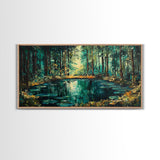 Enchanted Forest Pond, Canvas Print, landscape painting, pine tree art, forest at dusk painting, lake Tahoe art, extra wide art