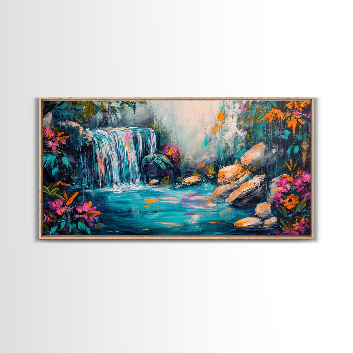 Vibrant Waterfall, Canvas Print, landscape painting, moody art, tropical art, teal wall art, extra wide art, rustic decor