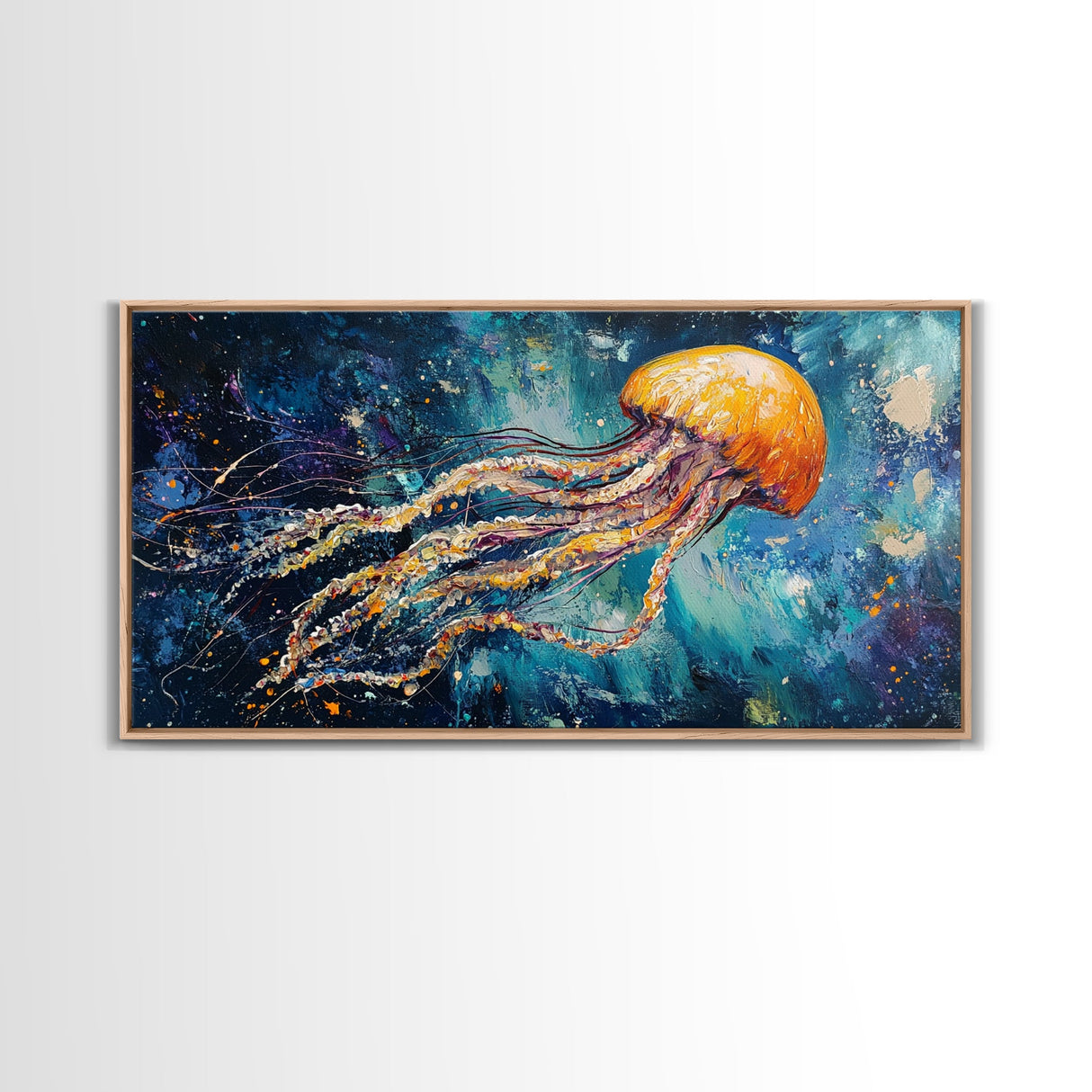 Cosmic Jellyfish, Canvas Print, ocean art, octopus art, dolphin painting, extra wide art, dark romance painting, coastal wall art