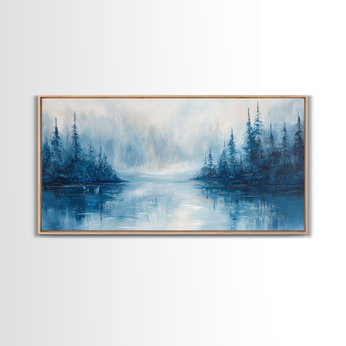 Misty Lake Scene, Moody Art, Pine Tree Art, Landscape Painting, Framed Canvas Print, Bedroom Art, Above Bed Wall Art