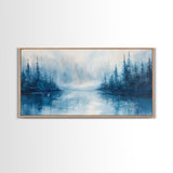 Misty Lake Scene, Moody Art, Pine Tree Art, Landscape Painting, Framed Canvas Print, Bedroom Art, Above Bed Wall Art