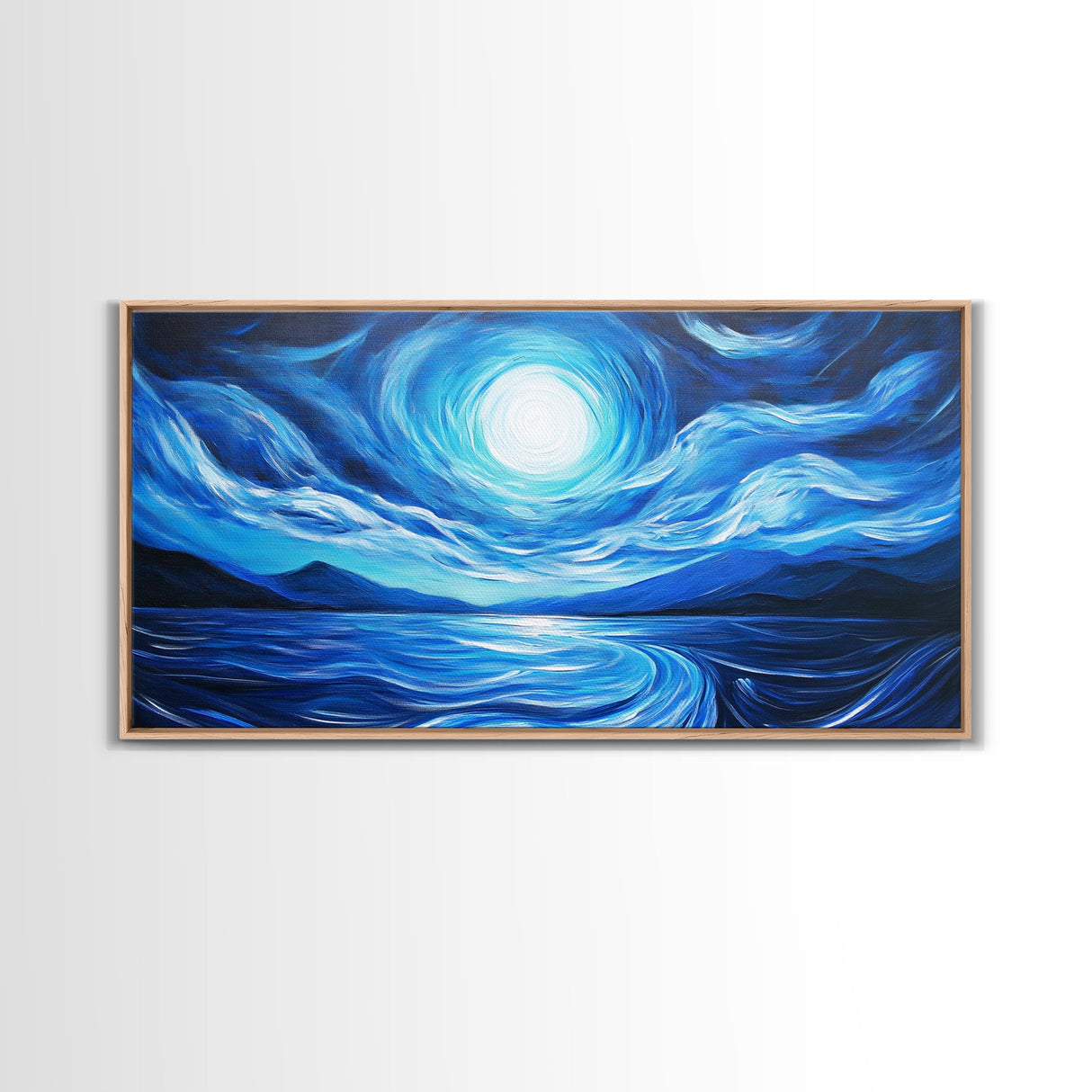 Blue Moon Painting, Moody Art, Nautical Wall Art, Coastal Painting, Framed Canvas Print, Above Couch Art, Extra Wide Art