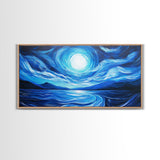 Blue Moon Painting, Moody Art, Nautical Wall Art, Coastal Painting, Framed Canvas Print, Above Couch Art, Extra Wide Art