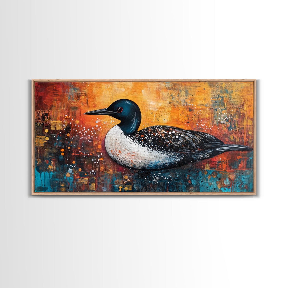 Loon Bird Painting, bird art, wildlife art, nature painting, teal wall art, framed canvas print, lake decor, rustic wall art