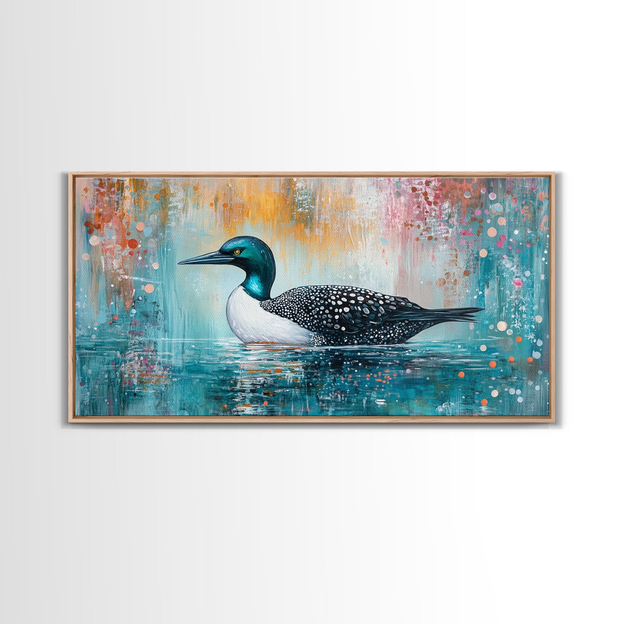 Loon Swimming Art, bird art, teal wall art, nature painting, lake decor, moody art, framed canvas print, rustic wall art