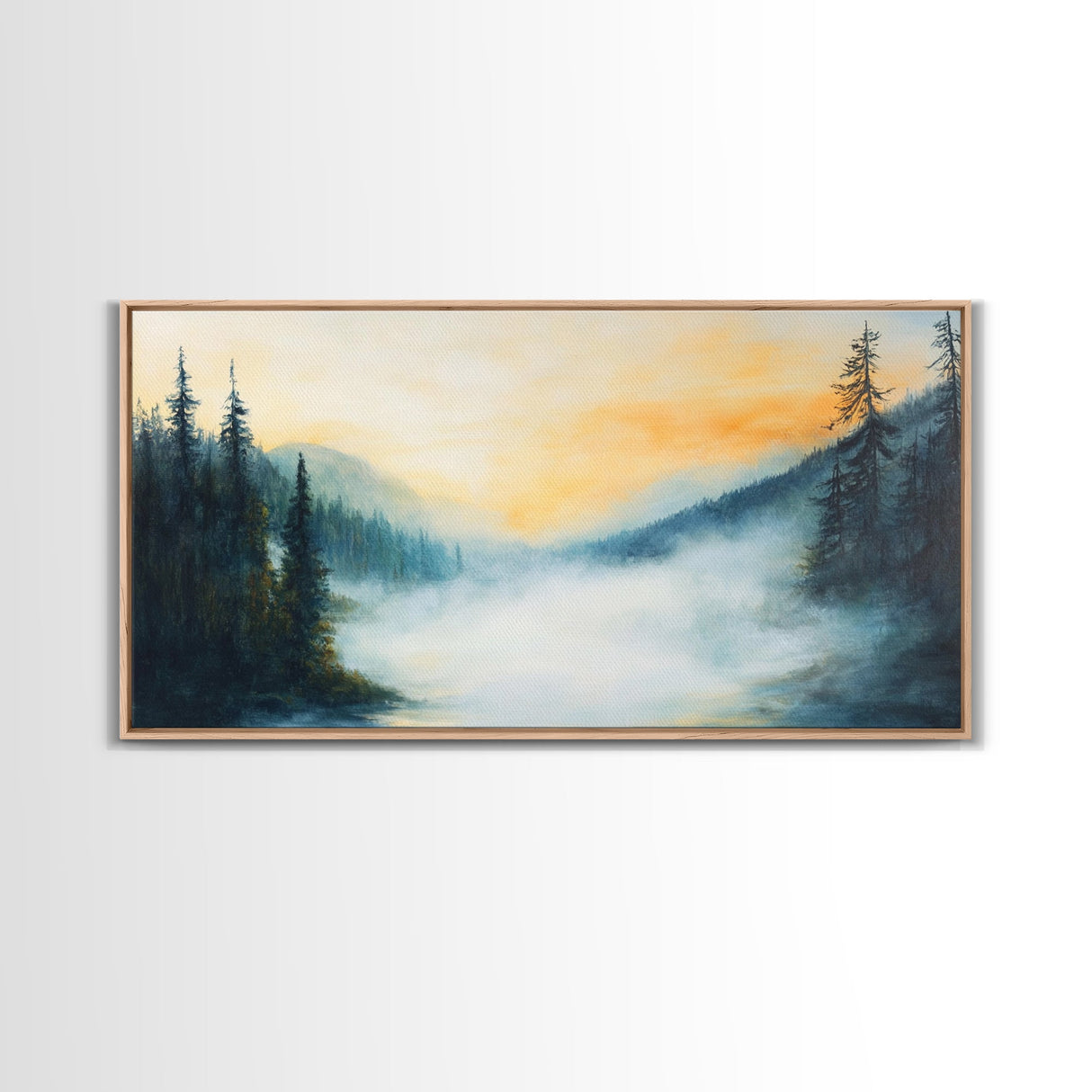 Foggy Pines, smoky mountain art, framed canvas print, forest at dusk painting, pine tree art, above bed wall art, rustic decor