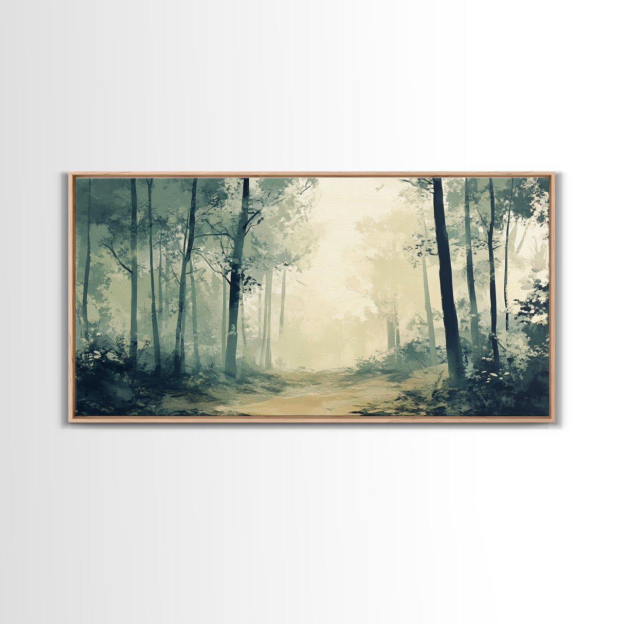 Foggy Forest Path, forest at dusk painting, pine tree art, wabi sabi art, moody art, extra wide art, rustic wall art, Canvas Print
