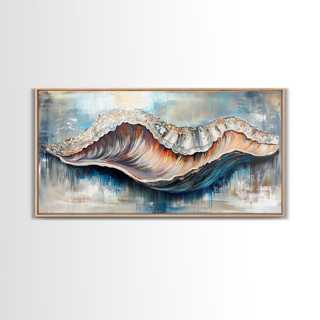 Oyster Shell, coastal painting, framed canvas print, nautical decor, oyster wall art, blue and green wall art, extra wide art