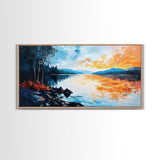 Sunset Lake Reflection, panoramic art, landscape painting, framed canvas print, mountain painting, extra wide art