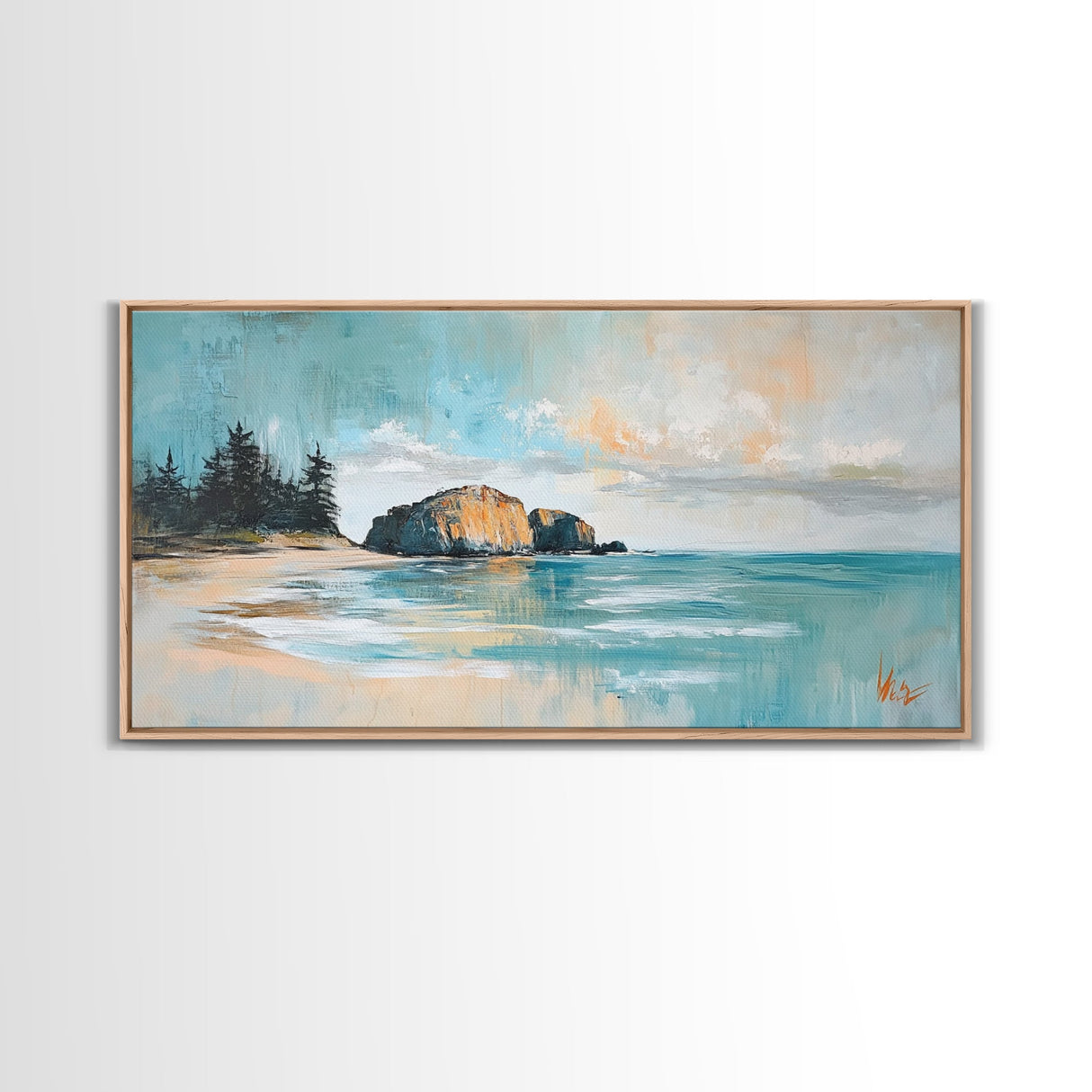 Serene Beach Landscape, framed canvas print, coastal painting, seascape painting, extra wide art, nautical wall art, bedroom art