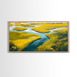 Marshland Landscape, marsh painting, landscape painting, above sofa art, extra wide art, panoramic art, Framed Canvas Print