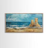 Sandcastle Painting, Coastal Decor, Beach House Wall Art, Nautical Painting, Framed Canvas Print, Seascape Art, Ocean Wave Painting