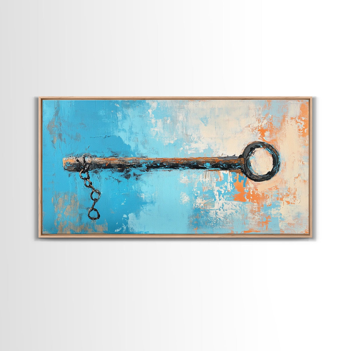 Rustic Key Painting, teal wall art, farmhouse art, coastal decor, framed canvas print, wabi sabi art, extra wide art, moody art