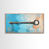 Rustic Key Painting, teal wall art, farmhouse art, coastal decor, framed canvas print, wabi sabi art, extra wide art, moody art