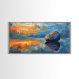 Zen Stone Reflection, moody art, minimalist art, coastal painting, blue and green wall art, extra wide art, canvas print