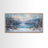 Lake Tahoe Art, Snowy Landscape, Winter Cabin Decor, Framed Canvas Print, Blue and Green Wall Art, Horizontal Wall Art