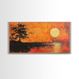 Sunset Tree, orange wall art, oak tree art, moody art, panoramic art, extra wide art, rustic wall art, Framed Canvas Print