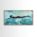 Woman Swimming, teal wall art, moody art, minimalist art, extra wide art, coastal decor, beach house art, Canvas Print