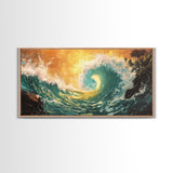 Golden Wave, surf wall art, seascape painting, coastal decor, nautical wall art, beach house decor, panoramic art, Canvas Print