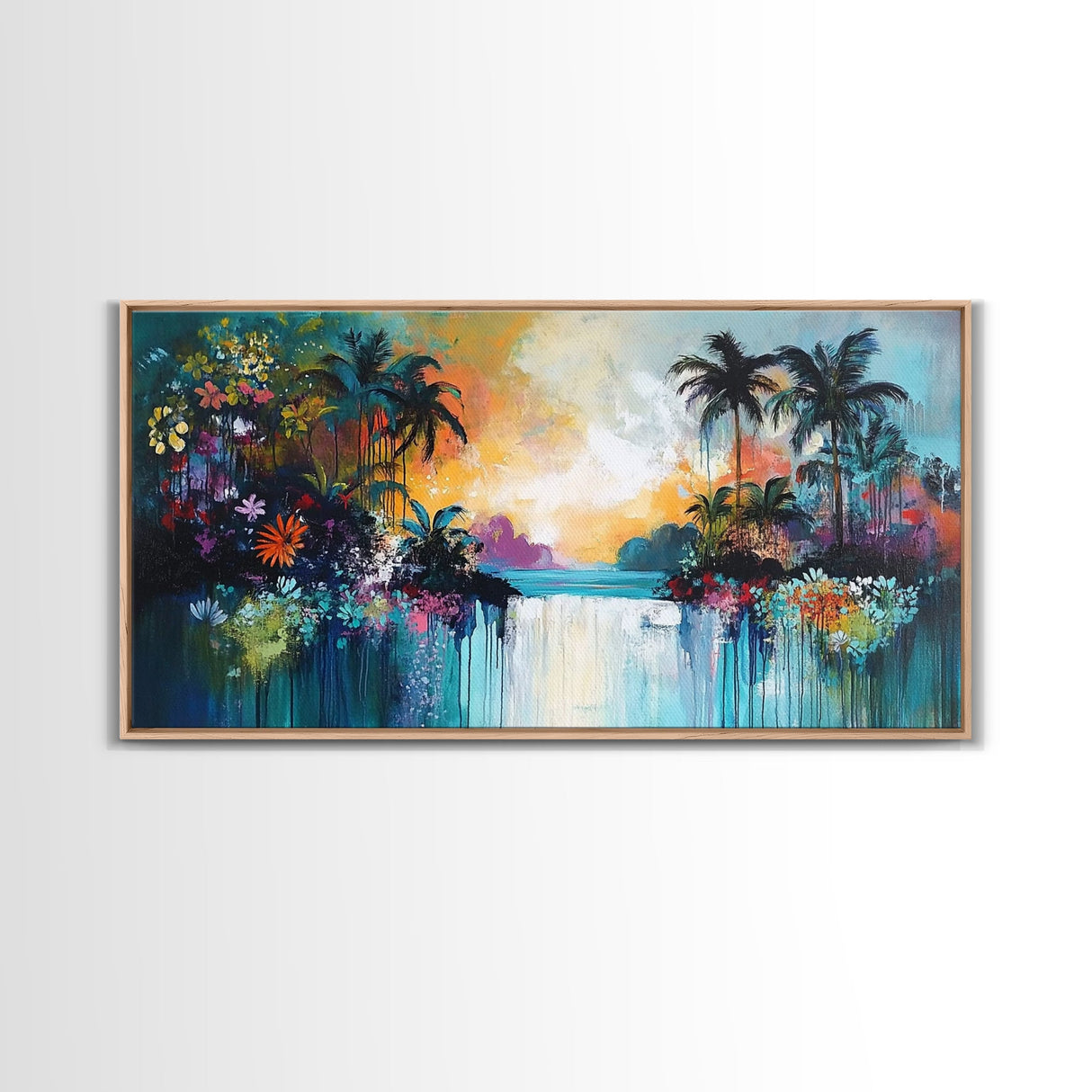Tropical Sunset, Canvas Print, palm tree painting, coastal decor, wildflower painting, extra wide art, beach wall art