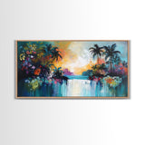 Tropical Sunset, Canvas Print, palm tree painting, coastal decor, wildflower painting, extra wide art, beach wall art