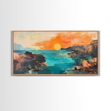 Sunset Seascape, Framed Canvas Print, coastal landscape art, panoramic painting, extra wide painting, above bed art, ocean wall art