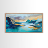 Serene Fjord, mountain painting, lake Tahoe art, blue and green wall art, panoramic painting, extra wide art, Framed Canvas Print, above sofa art