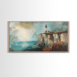 Lighthouse at Cliff, nautical wall art, coastal decor, dramatic seascape painting, panoramic painting, Framed Canvas Print, above sofa art