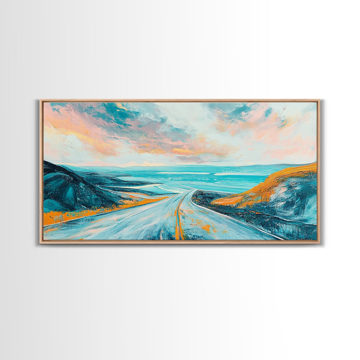 Open Road, Ocean View Highway, Coastal Landscape, Nautical Painting, Lake Tahoe Art, Panoramic Art, Canvas Print, Horizontal Art