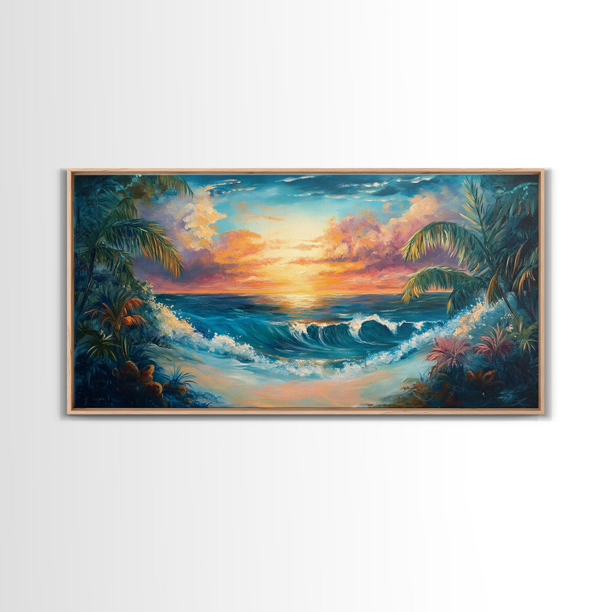 Tropical Waves, palm tree painting, Hawaii art, seascape painting, coastal decor, ocean painting, beach waves, Framed Canvas Print