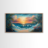 Tropical Waves, palm tree painting, Hawaii art, seascape painting, coastal decor, ocean painting, beach waves, Framed Canvas Print