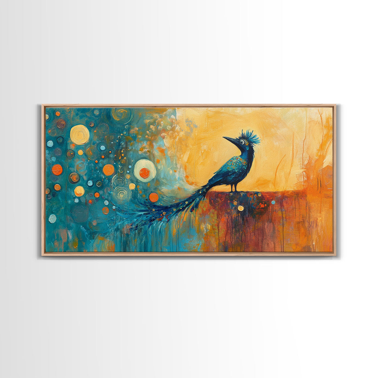 Whimsical Bird Art, Peacock Wall Art, Surreal Painting, Colorful Wall Art, Boho Art, Fantasy Art, Extra Wide Art, Framed Canvas Print