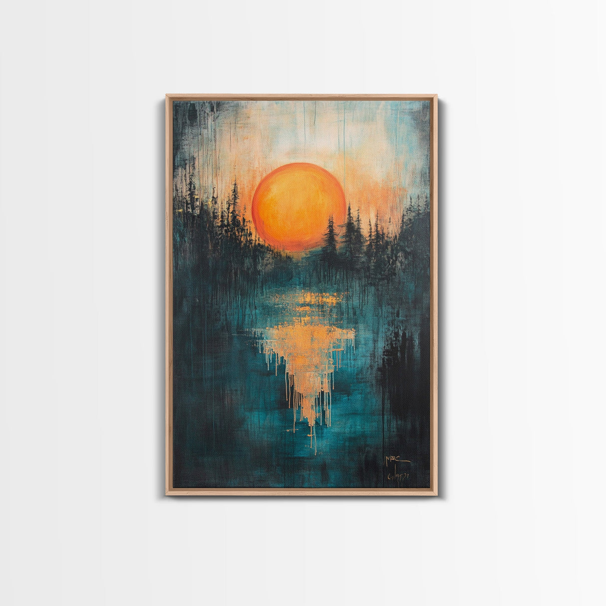 Sunset Over Water, Forest at Dusk Painting, Moody Landscape, Warm Glow Art, Nature Wall Art, Rustic Decor, Canvas Print