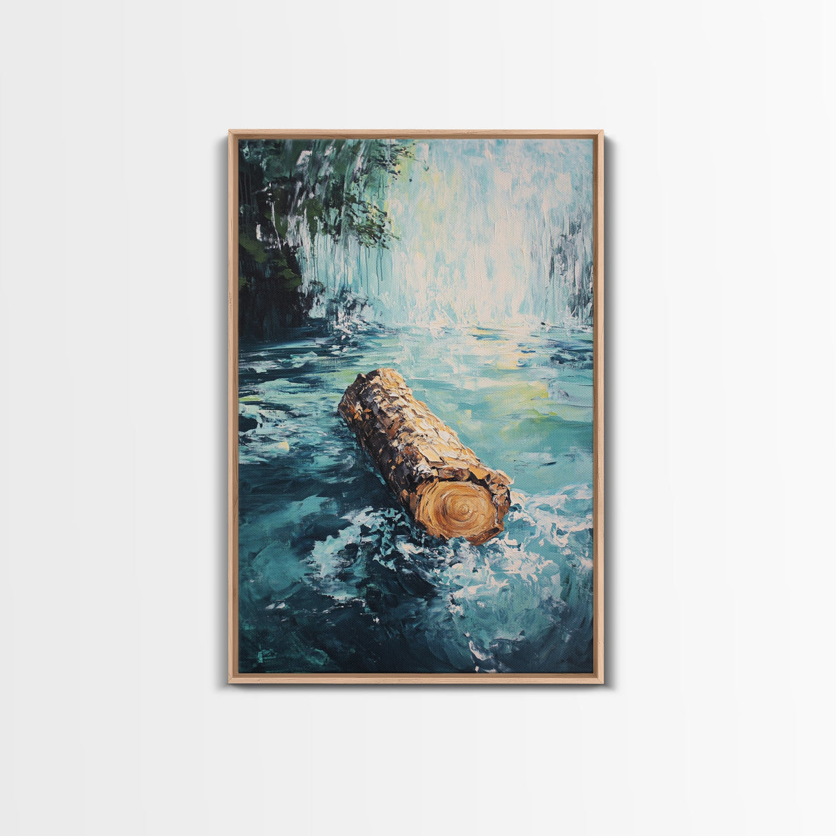 Log in Water, Forest at Dusk Painting, Rustic Nature Scene, Moody Wall Art, Blue and Green Decor, Framed Canvas Print