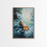 Log in Water, Forest at Dusk Painting, Rustic Nature Scene, Moody Wall Art, Blue and Green Decor, Framed Canvas Print
