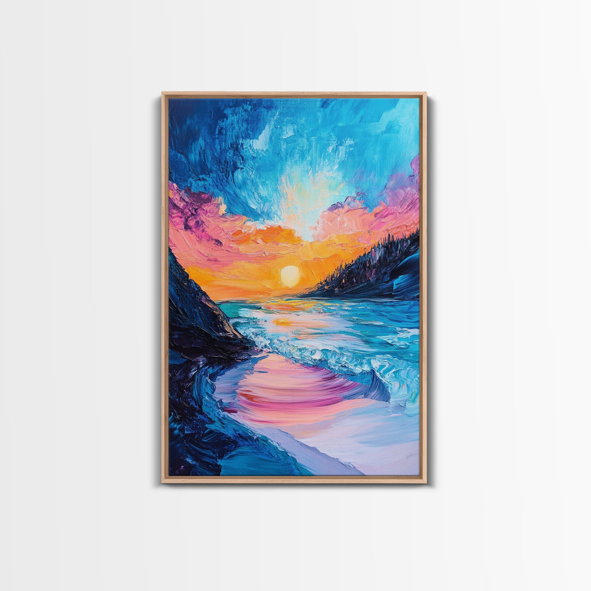 Colorful Beach, sunset painting, surf wall art, coastal painting, nautical decor, ocean waves, framed canvas print, seascape art