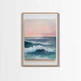 Ocean Sunset Waves, coastal decor, nautical painting, pink orange wall art, coastal landscape art, Canvas Print