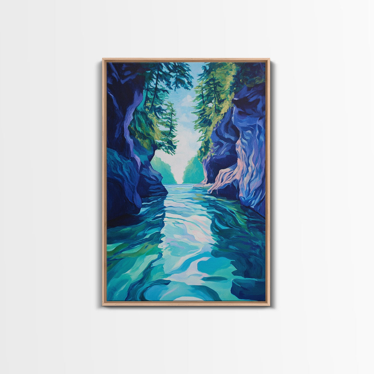 Serene Lake View, mountain painting, lake Tahoe art, blue and green wall art, landscape painting, boho art, Framed Canvas Print