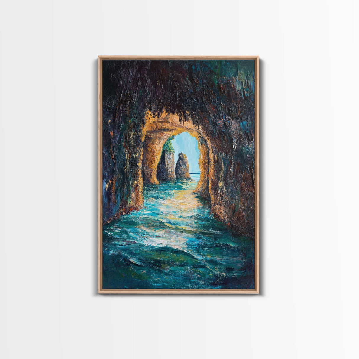 Sunlit Ocean Grotto, seascape painting, nautical painting, tropical wall art, blue and green wall art, Framed Canvas Print