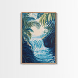 Jungle Waterfall View, tropical landscape painting, botanical prints, blue and green wall art, canvas print, extra wide art