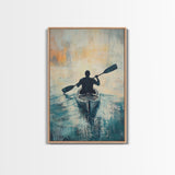 Kayaker at Sunset, Coastal Landscape Art, Nautical Wall Art, Moody Art, Above Sofa Art, Ocean Painting, Framed Canvas Print